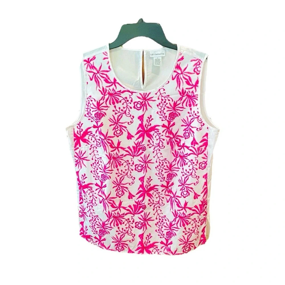 Liz Claiborne sleeveless embroidered 100% cotton blouse SZ M white hot pink